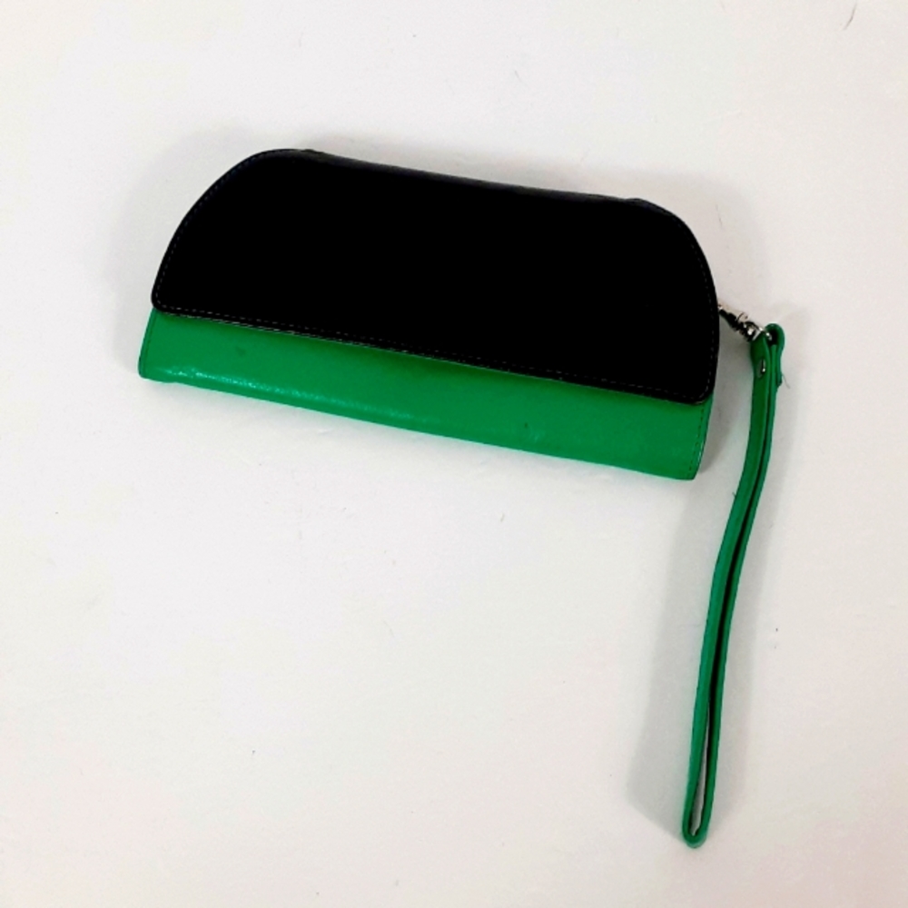 Rogue wallet RFID shelled black and green leather wallet, wristlet